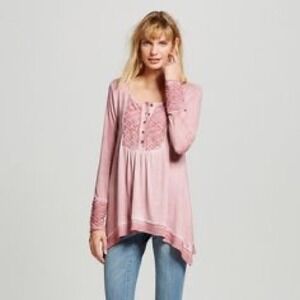 Knox Rose Women's Long Sleeve Tunic Top Boho Asymmetrical‎ Embroidered Mauve XS